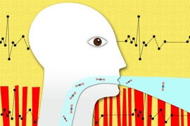 Illustration of human head in profile, with blue bubbles moving through throat