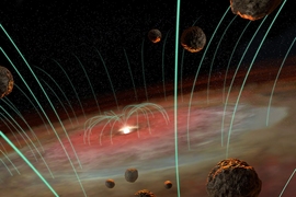 Artist depiction of a protoplanetary disk consisting of a central star surrounded by a gas cloud permeated by magnetic fields. Objects in the foregrounds are millimeter-sized rock pellets known as chondrules, which are the subjects of this study.