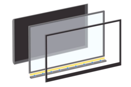 Manufacturers implement the Color IQ component (shown here as a thin, yellow bar) into their televisions during the normal construction process, but use blue LEDs (blue dots) in place of the standard white LED back lights. 