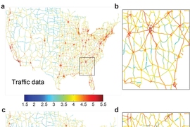 Actual data on traffic times through the U.S. highway system (a) and a closeup view of one region (b) are compared with comparable data obtained through the simulation system devised by the researchers (c and d), showing a good agreement between the two.