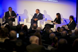 From left, MIT President L. Rafael Reif, former Massachusetts Gov. Deval Patrick, and Professors Fiona Murray and Vladimir Bulovic, who lead the MIT Innovation Initiative, attended a Dec. 9 event at MIT titled, "Accelerating Innovation: A Conversation with Governor Deval L. Patrick."