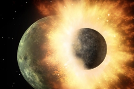 An artist’s rendering of a protoplanetary impact. Early in the impact, molten jetted material is ejected at a high velocity and breaks up to form chondrules, the millimeter-scale, formerly molten droplets found in most meteorites. These droplets cool and solidify over hours to days.
