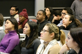 Students from 10 colleges and universities listen to a lecture by Eric Wang at the seven-day Quantitative Methods Workshop, held at MIT from Jan. 2–9. 