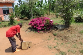 In Matugga, Uganda, a Solar Sister customer demonstrates how he arranges his Firefly Mobile's solar panel in his yard for charging during the day.