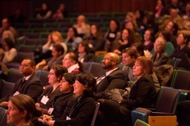 Members of the audience at the Institute Diversity Summit, which was held in Kresge Auditorium.