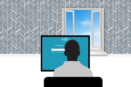 Illustration showing the back of a head facing a computer screen with a wall and window in the background