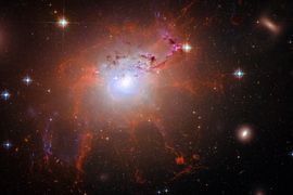This Hubble Space Telescope image of galaxy NGC 1275 reveals the fine, thread-like filamentary structures in the gas surrounding the galaxy. The red filaments are composed of cool gas being suspended by a magnetic field, and are surrounded by the 100-million-degree Fahrenheit gas in the center of the Perseus galaxy cluster. The filaments are dramatic markers of the feedback process through which e...