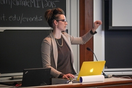 Sarah Bylinsky, project manager in MIT's sustainability office, talked about the different kinds of energy use on campus, and how much each would need to be improved to achieve emissions reduction goals.