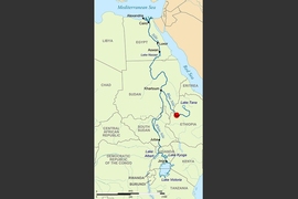 Map showing the full extent of the Nile with its two main branches, the White Nile, which flows from Lake Victoria, and the larger Blue Nile, which originates in the highlands of Ethiopia. The location of the Grand Ethiopian Renaissance Dam (GERD), now under construction near Ethiopia’s border with Sudan, is shown in red.