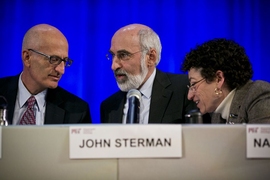 The pro-divestment case was made by (from left) Don Gould of Gould Asset Management; John Sterman, professor at MIT's Sloan School of Management; and Naomi Oreskes, professor of the history of science at Harvard University.