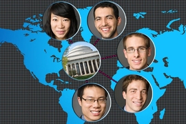 Four MIT graduate students and an alumnus are among 30 winners nationwide this year of the Paul and Daisy Soros Fellowships for New Americans. Clockwise from top left: current or incoming graduate students Stephanie Speirs, Yakir Reshef, Krzysztof Franaszek, and Andre Shomorony; and alumnus Allen Lin.