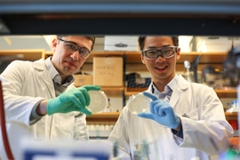 Biological engineering PhD student Shiou-chi (Steven) Chang (right) and research associate Bogdan Fedeles (left) are both members of the Essigmann Lab