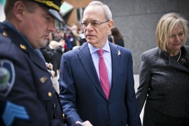 MIT President L. Rafael Reif and his wife, Christine, greeted members of the MIT Police after the ceremony.