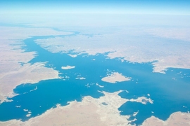 An aerial view of the Nile basin shows Lake Nasser in Egypt, a reservoir created by the construction of the Aswan High Dam.