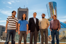 (Left to right) graduate students Neal Wadhwa and Justin Chen; Oral Buyukozturk, a professor in Civil and Environmental Engineering; Frédo Durand, a professor in CSAIL; and Bill Freeman, a professor in CSAIL. 