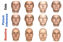 Two-dimensional images of human faces (top row) and front views of three-dimensional models of the same faces, produced by both a new MIT system (middle row) and one of its predecessors (bottom row).