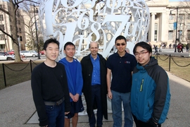 (Left to right) junior Mitchell Lee, sophomore Bobby Shen, mathematics professor Bjorn Poonen, freshman Mark Sellke, and sophomore Lingfu Zhang