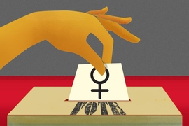 Illustration of a hand holding a card with a woman symbol on it, dropping it into a box marked "vote"