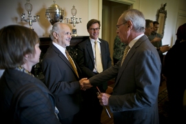 Molina (second from left) meets with members of the MIT community: (from left) Maria Zuber, vice president for research; Robert Stoner, deputy director of the MIT Energy Initiative; and MIT President L. Rafael Reif.