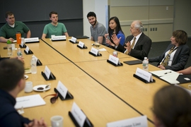 Molina meets with student leaders to discuss issues relating to his lecture on climate change.