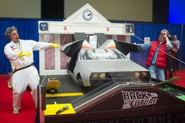 "Hack to the Future," the final competition of MIT's course 2.007, was inspired by the movie "Back to the Future." Course instructor Amos Winter dressed as Dr. Emmett Brown (left) while Sangbae Kim dressed as Marty McFly.