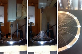 Stills from a video showing how the team is 3D-printing synthetic webs.