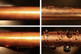 An uncoated copper condenser tube (top left) is shown next to a similar tube coated with graphene (top right). When exposed to water vapor at 100 degrees Celsius, the uncoated tube produces an inefficient water film (bottom left), while the coated shows the more desirable dropwise condensation (bottom right).
