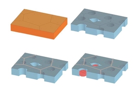 In a two-step process, engineers have successfully sealed leaks in graphene. First, the team fabricated graphene on a copper surface (top left) — a process that can create intrinsic defects in graphene, shown as cracks on the surface. After lifting the graphene and depositing it on a porous surface (top right), the transfer creates further holes and tears. In a first step (bottom left), the team...
