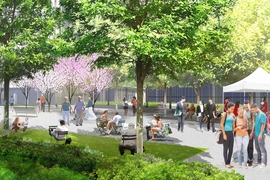 Artist's depiction of the open space between Carleton and Hayward streets.