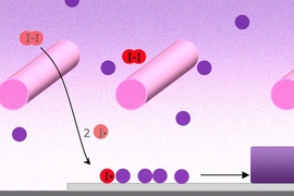 In the process called initiated chemical vapor deposition (iCVD), Heated wires (pink cylinders) cause “initiator” molecules (red) to split, and they then interact with the monomers (purple) used for coating, causing them to collect on the cooler surface below, where they react to form a polymer chain as they build up in a uniform coating (bottom right).
