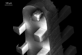 A scanning electron micrograph of the new microfiber emitters, showing the arrays of rectangular columns etched into their sides.