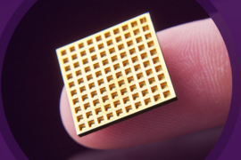 A version of Microchip Biotech's implantable, wirelessly controlled microchip. When an electrical current is delivered to one of the chip's tiny reservoirs, a single dose of therapeutics is released into the body. 