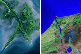 A variety of deltas: the Mississippi birdfoot delta (left) and Mexico's Grijalva cuspate delta (right).