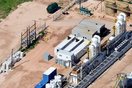 Gradiant's 12,000-barrel-per-day, carrier gas extraction plant (shown here), uses a humidification and dehumidification (HDH) technique that heats produced water into vapor, and condenses it back into water, without contaminants. This yields freshwater and saturated brine, commonly used in drilling and completion processes.
