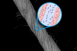 Yarn made of niobium nanowires, seen here in a scanning electron microscope image (background), can be used to make very efficient supercapacitors, MIT researchers have found. Adding a coating of a conductive polymer to the yarn (shown in pink, inset) further increases the capacitor’s charge capacity. Positive and negative ions in the material are depicted as blue and red spheres.