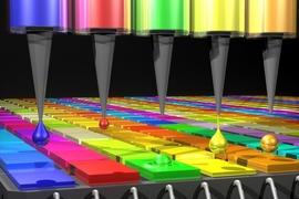 In this illustration, the Quantum Dot (QD) spectrometer device is printing QD filters — a key fabrication step. Other spectrometer approaches have complicated systems in order to create the optical structures needed. Here in the QD spectrometer approach, the optical structure — QD filters — are generated by printing liquid droplets. This approach is unique and advantageous in terms of flexib...