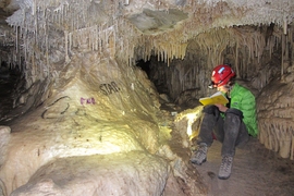 Graduate student Elena Steponaitis takes notes while collecting stalagmite and drip water samples in Lehman Caves, Nevada.
