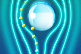 In this illustration, a falling droplet of water is surrounded by the airstream. Aerosol particles (yellow) are attracted to the droplet. The process by which droplets and aerosols attract is coagulation, a natural phenomenon that can act to clear the air of pollutants like soot, sulfates, and organic particles. 