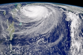 Hurricane Frances on Sept. 3, 2004. Florida is just barely visible at the top center of the image, while Cuba, Jamaica, and Hispaniola line up vertically along the left.
