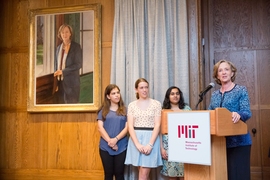 President Emerita Susan Hockfield, who led MIT from 2004 to 2012, speaks at the unveiling of her presidential portrait at Gray House.