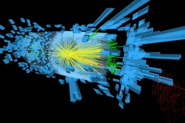 Particles created from the proton collision stream out from the center of the Compact Muon Solenoid detector. They are first detected by the Silicon Tracker, whose data can be used to reconstruct the particle trajectories, indicated by yellow lines. An Electromagnetic Calorimeter detects energy deposited by electrons and photons, indicated by green boxes. The energy detected by the Hadronic Calori...
