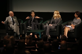 Panelists of "Fireside: Re-Imaging the American High School Experience": (left to right) Jason Pontin, editor-in-chief of MIT Technology Review; Russlynn Ali, CEO of XQ; Laurene Powell Jobs, president of Emerson Collective; and Governor of Rhode Island Gina Raimondo