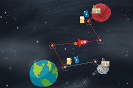 Cartoon illustration showing two paths to Mars, one with a stop at the moon and another direct to Mars