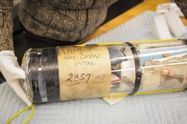 During excavation for MIT.nano, the Department of Facilities unearthed an unexpected relic between buildings 12 and 26: a time capsule buried on June 5, 1957, to commemorate the opening of the Karl Taylor Compton Laboratories.