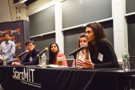 A panel of MIT alumni who shared their experiences with starting and working at young companies included Alice Brooks (speaking), co-founder of Roominate. Other speakers were (from left to right): moderator Arun Saigal, co-founder and CEO of Rappidly; Wei Li, a principal engineer at Eta Devices; Amrita Saigal, co-founder of Saathi; and Theodora Koullias, founder and CEO of Jon Lou.