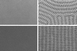 On the top row are two images of a nanomesh bilayer of PDMS cylinders in which the top layer is perpendicular to the complex orientation of the bottom layer. The bottom images show well-ordered nanomesh patterns of PDMS cylinders. The images on the right show zoomed-in views of the images on the left.