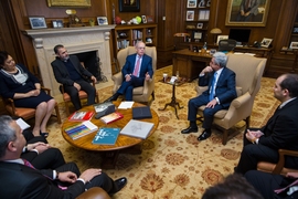 MIT President L. Rafael Reif (center) noted the contributions Armenian scholars had made at MIT, and expressed the Institute’s interest in continued collaboration with Armenia.  