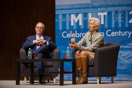 Christine Lagarde with President L. Rafael Reif.  Reif heralded Lagarde’s groundbreaking accomplishments as the first woman to lead the IMF and the first woman to be finance minister of France, among other things. 
