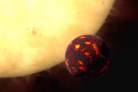 This artist’s rendering shows the super-Earth 55 Cancri e in front of its parent star. The planet is essentially a heat-seeking fireball, orbiting extremely close to its star. It circles in just 18 hours, compared to Earth’s leisurely 365-day journey around the sun. 
