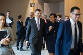 Andrus Ansip, vice president of the Digital Single Market in the European Commission, chats with Secretary of Commerce Penny Pritzker.